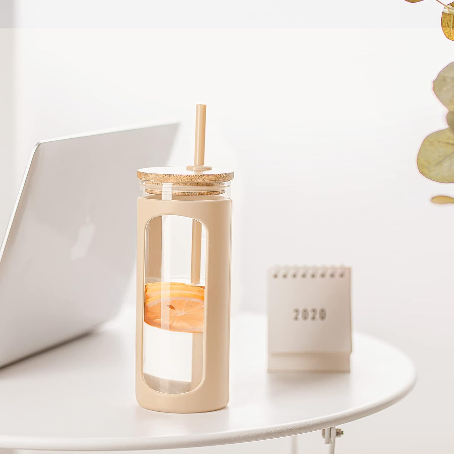 Kodrine 20oz Glass Tumbler with Straw and Lid, Iced Coffee Cups with Bamboo Lids, Glass Cups for Cold Drinks, Smoothie Cup with Silicone Sleeve for Travel, Work, BPA FREE-Oatmeal