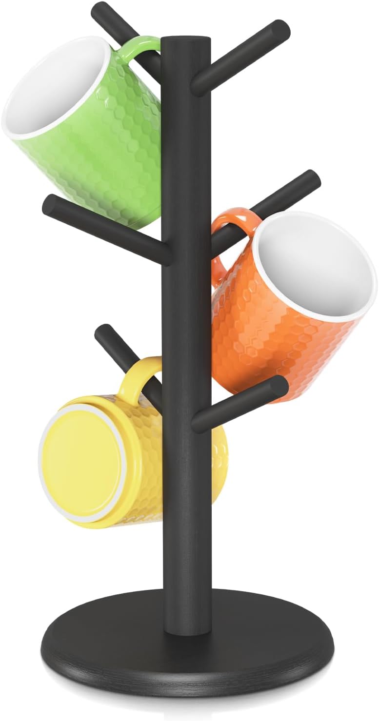 EsLuker.ly Mug Holder Tree, Bamboo Coffee Cup Display Rack with 6 Hooks for Home Kitchen Counter, Wood Mug Stand Station Organizer, Black, A Must-Have for Coffee Lover