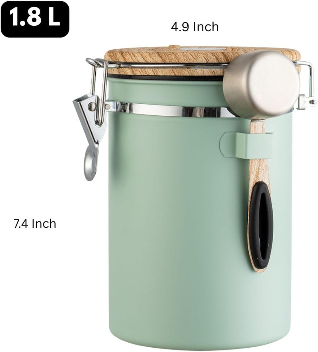 Airtight Coffee Canister 1.8L with Wooden Lid Scoop Set, 304 Stainless Steel Food Storage Container with CO₂ Valve, for Beans, Grounds, Tea, Sugar, Flour, Nuts (Green,1.8L)