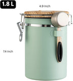 Airtight Coffee Canister 1.8L with Wooden Lid Scoop Set, 304 Stainless Steel Food Storage Container with CO₂ Valve, for Beans, Grounds, Tea, Sugar, Flour, Nuts (Green,1.8L)