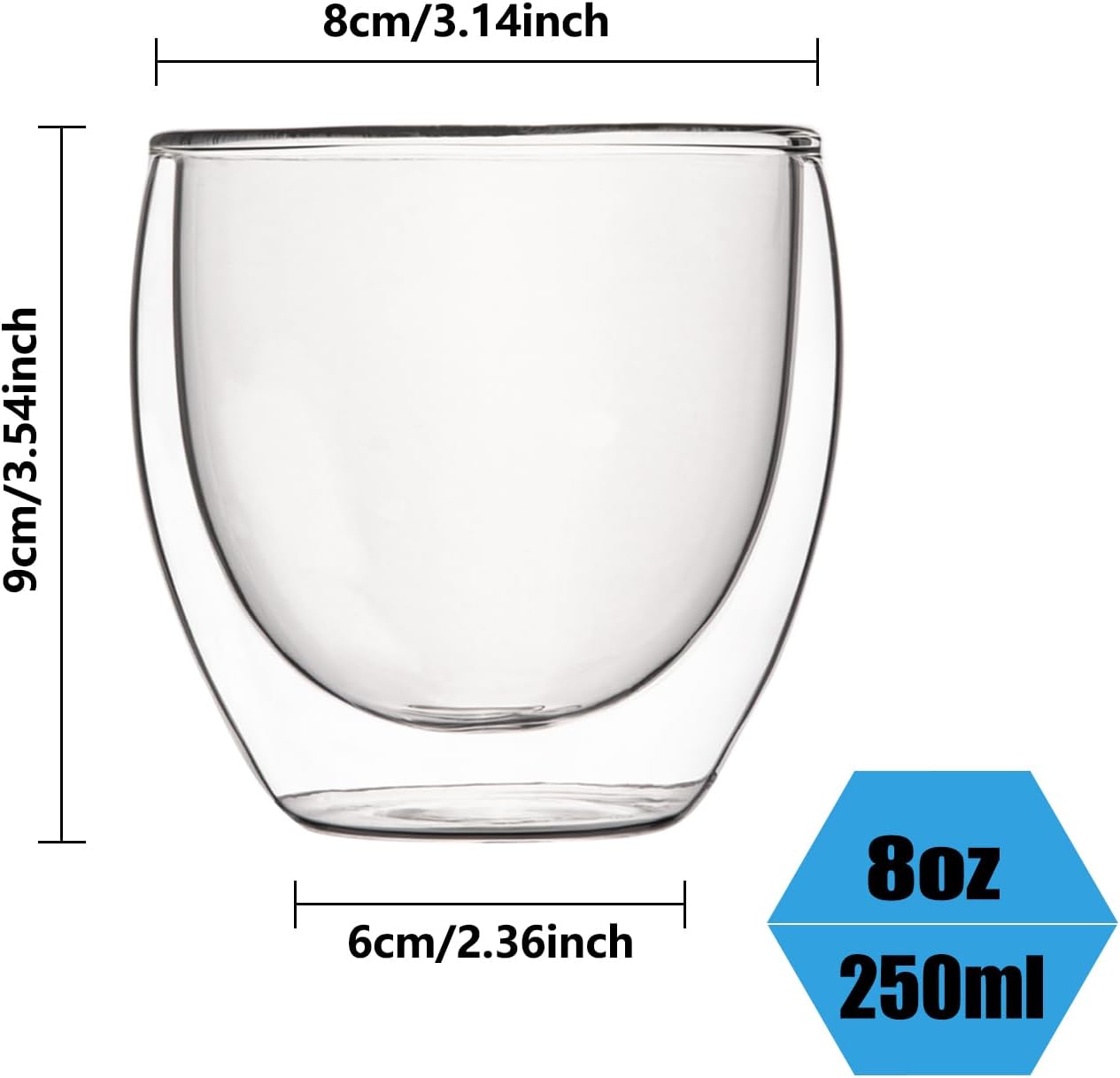 8oz Glass Coffee Mugs Set of 2, Double Walled Espresso Cups for Latte Cappuccino Cocoa Milk Cafe Juice, Clear Glass Tea Cup Set Glassware Gift for Christmas Birthday