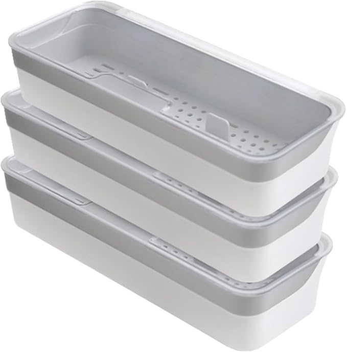 Plastic Kitchen Drawer Organizer with Lid and Drainer Stackable Utensil Holder for Countertop Silverware Tray White Flatware Organizers - 12.6x4.7x2.4 Inch Storage Box Spatula Cutlery Tray