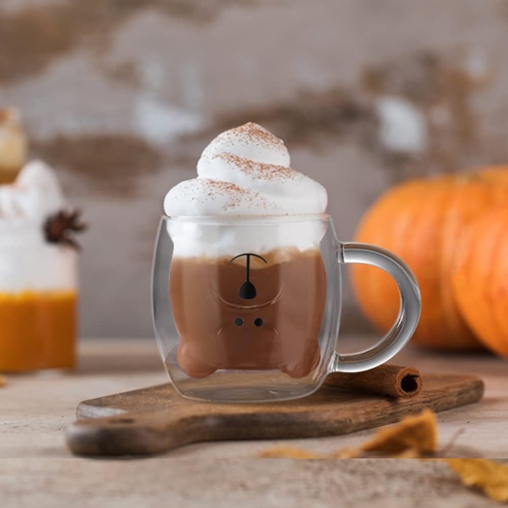 ecooe Cute Bear Mug Glass Coffee Cup 9.4oz Double Walled Glass Mug Cappuccino Latte Glass Cup with Handle Spoon, Milk Tea Bear Cup Birthday Christmas Valentine's Day Gifts for Women Kids Girls Friends