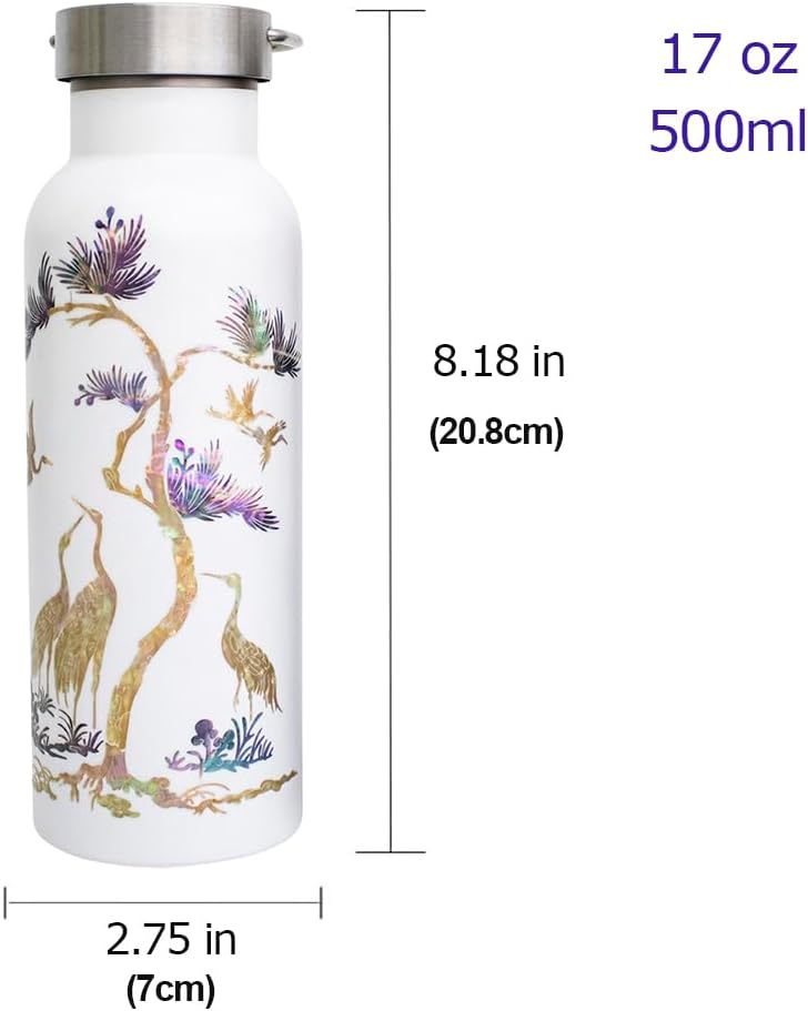 Mother of Pearl Design Stainless Steel Water Bottle 17 oz Leakproof Screw Cap Metal Handle Lid Wide Mouth Double Wall Vacuum Insulated Travel Sport Water Flask Thermo Mug (Crane Pine White)