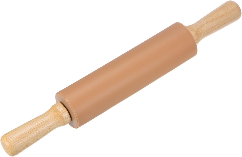 HARFINGTON Silicone Rolling Pins for Baking 14.96 Inch Non-Stick Silicone Surface Wooden Handle Rolling Pin Small Roller Playdough Rolling Pins for Fondant Kitchen Dough Pizza, Brown