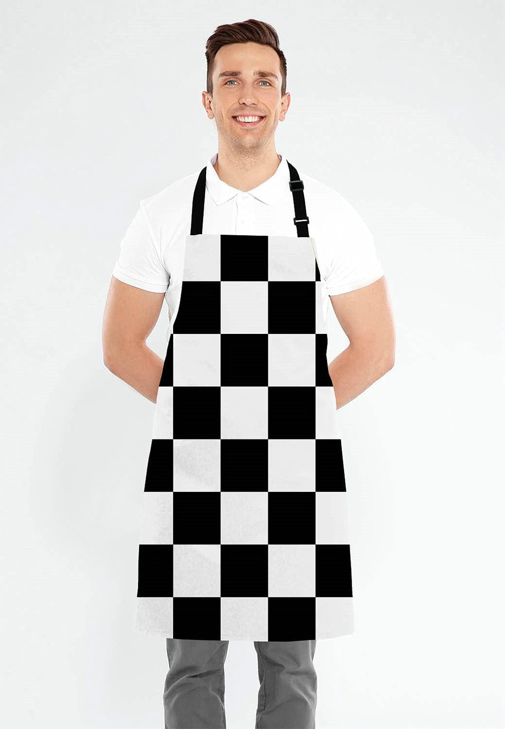 Black and White Art Design Checkered Bib Apron with Adjustable Neck for Men Women,Suitable for Home Kitchen Cooking Waitress Chef Grill Bistro Baking BBQ Apron