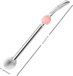 Reusable Bombilla Yerba Mate Straw - Stainless Steel Removable Spoon Style Filter with a Beautiful Bead - Metal Straw for Drinking Loose Leaf Tea - Includes Cleaning Brush(Pinks)