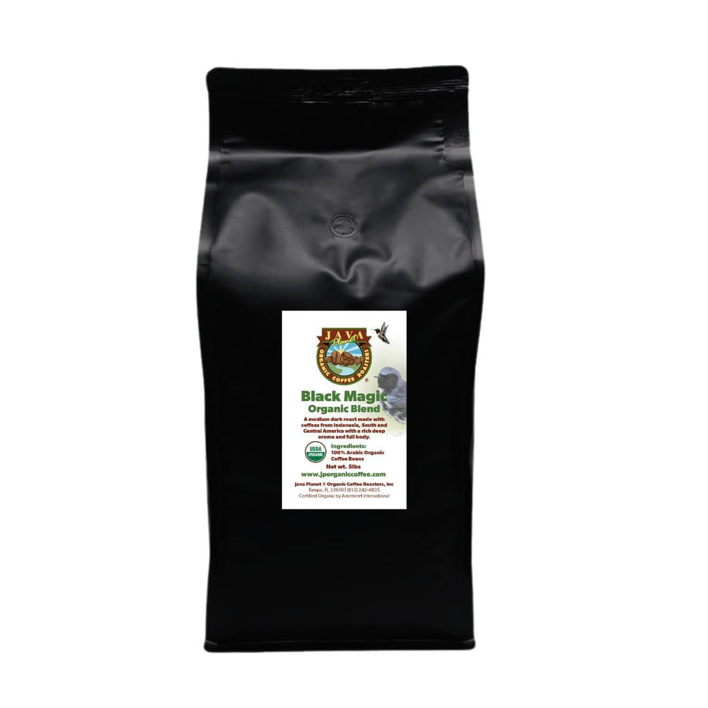 Low Acid Organic Coffee – Whole Bean, Mold-Free & Stomach Friendly by Java Planet, Black Magic Blend Coffee, Medium Dark Roast, Smooth Full Flavored, 5LB Bag