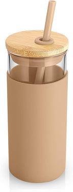 Tronco 20oz Glass Tumbler Glass Water Bottle Straw Silicone Protective Sleeve Bamboo Lid - BPA Free (Mixed color/8 Pack)