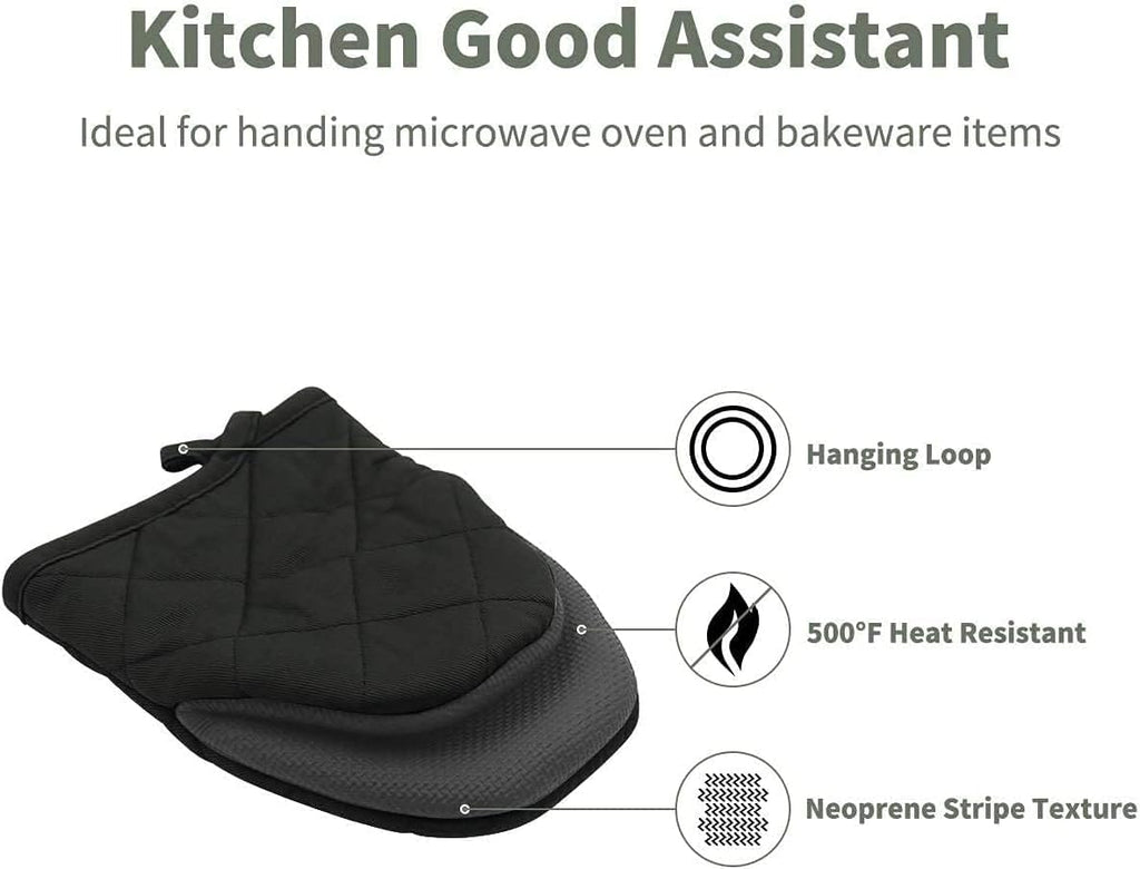 1 Pair Short Oven Mitts, Heat Resistant Silicone Kitchen Mini Oven Mitts for 500 Degrees, Non-Slip Grip Surfaces and Hanging Loop Gloves, Baking Grilling Barbecue Microwave Machine Washable
