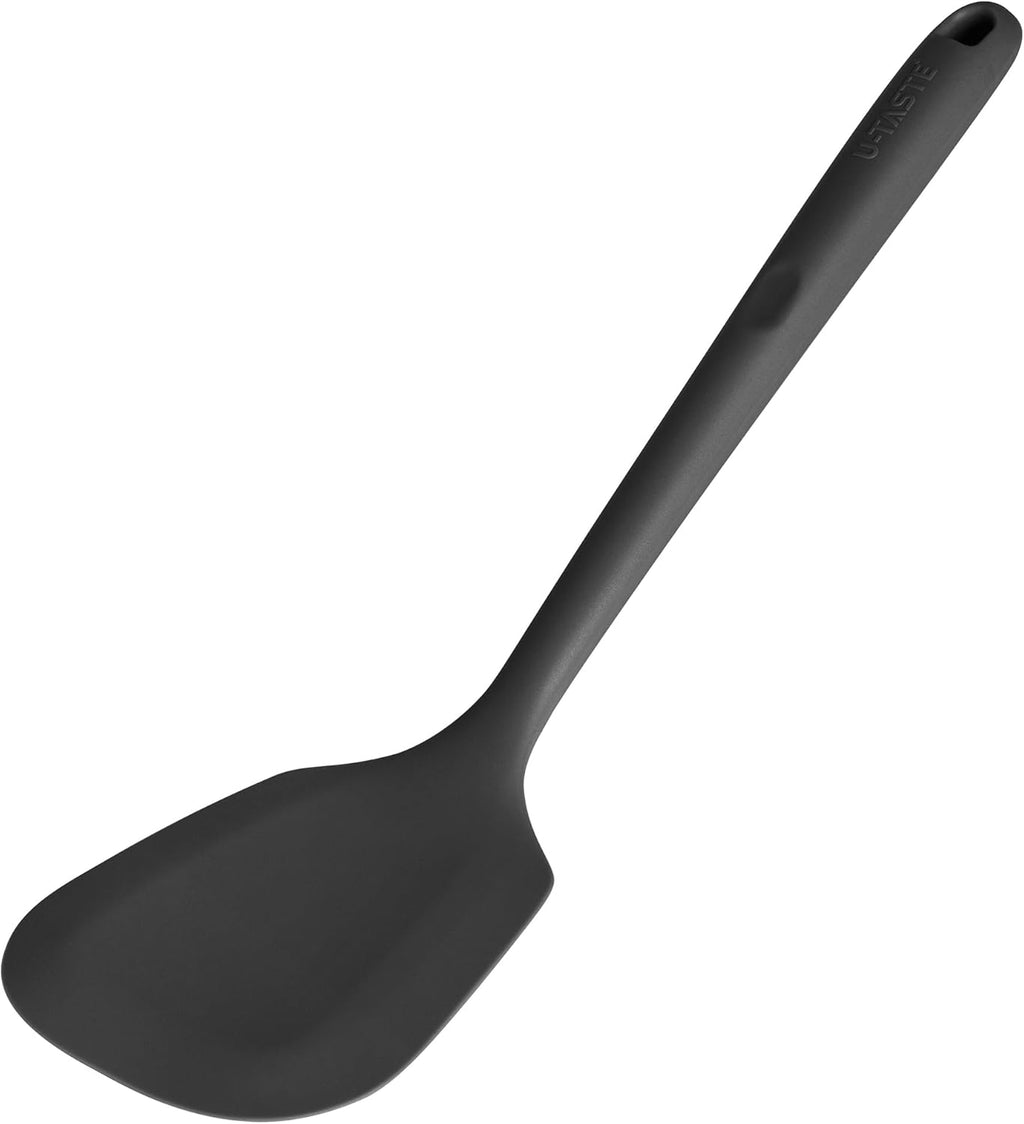 600ºF Heat Resistant Silicone Turner: U-Taste 13.6in Solid Kitchen Spatula Flipper, Food Grade Flexible & Thin Rubber Seamless Cooking Utensil for Flipping Egg, Pancake in Nonstick Cookware (Black)