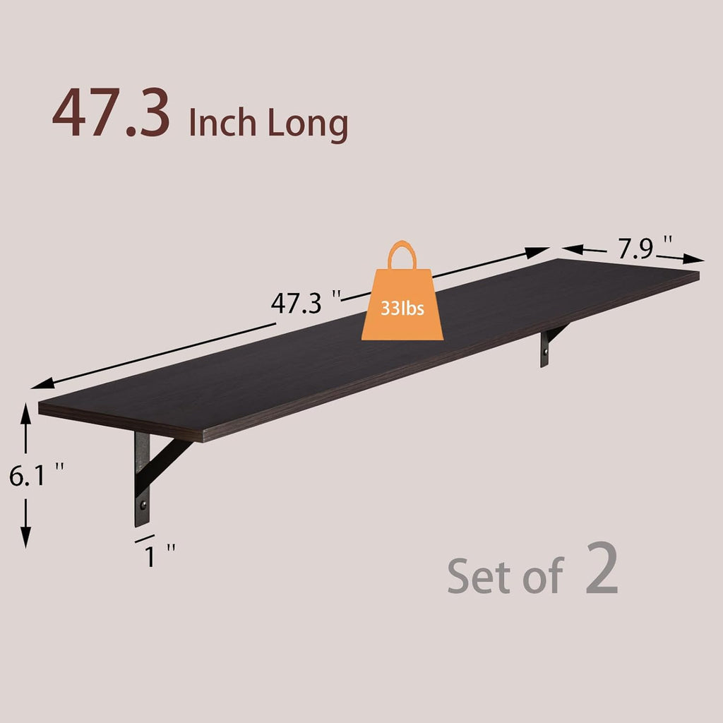 DINZI LVJ Long Wall Shelves, 47.3Inch Wall Mounted Shelves Set of 2, Extra Large Wall Storage Ledges with Sturdy Metal Brackets for Living Room, Bathroom, Bedroom, Kitchen, Espresso
