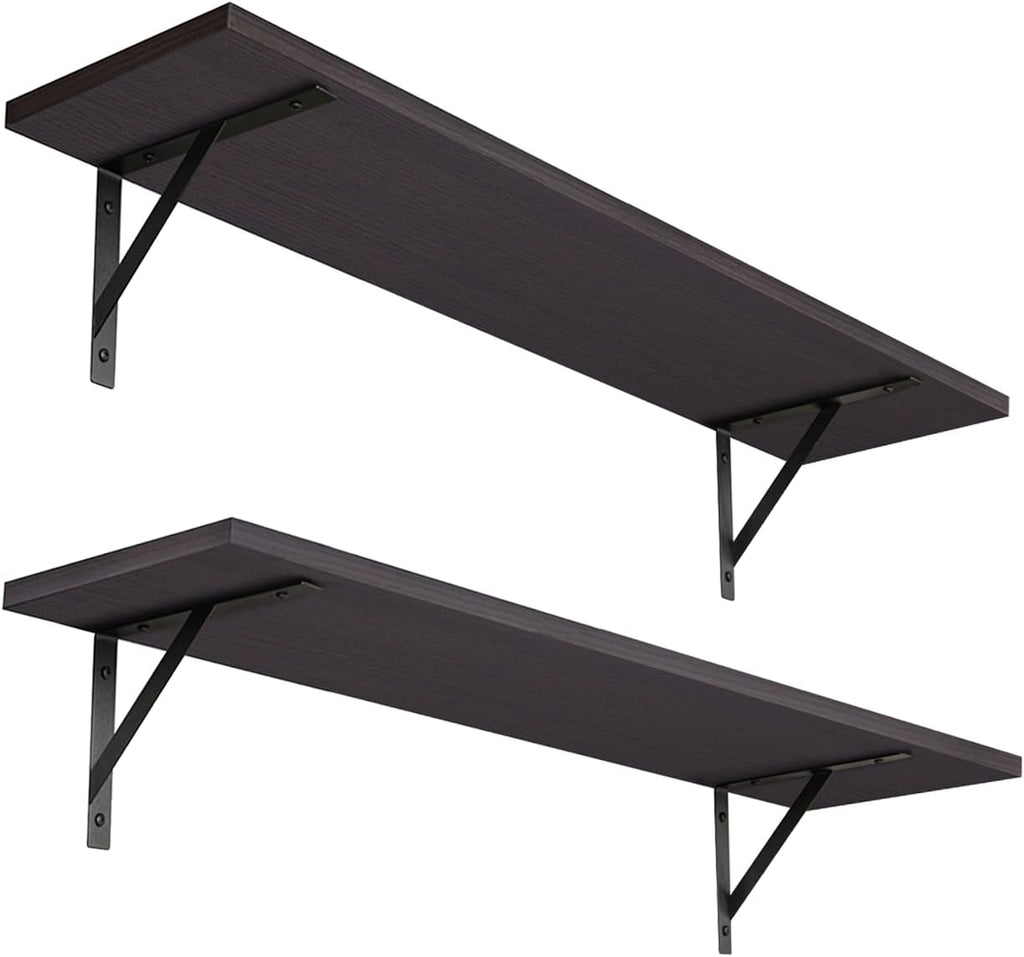 DINZI LVJ Long Wall Shelves, 23.6 Inch Wall Mounted Shelves Set of 2, Easy-to-Install, Storage Ledges with Sturdy Metal Brackets for Living Room, Bathroom, Bedroom, Kitchen, Espresso