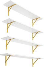 DINZI LVJ Long Wall Shelves, Set of 4, 31.5Inch Wall Mounted Shelves, Floating Shelves for Wall Storage with Metal Brackets, for Living Room, Bathroom, Bedroom, Kitchen, White and Gold