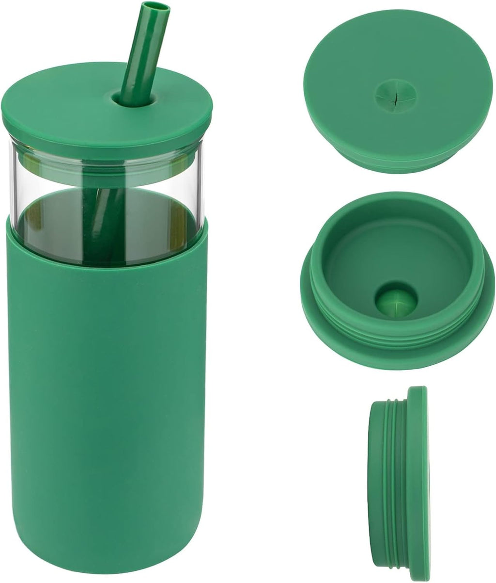 Tronco 20 oz Glass Tumbler With Lids and Straws, Reusable Smoothie Cups With Silicone Lid, Iced Coffee Cup With Silicone Protective Sleeve, Dishwasher Safe- BPA Free（Blackish Green 1 Count）