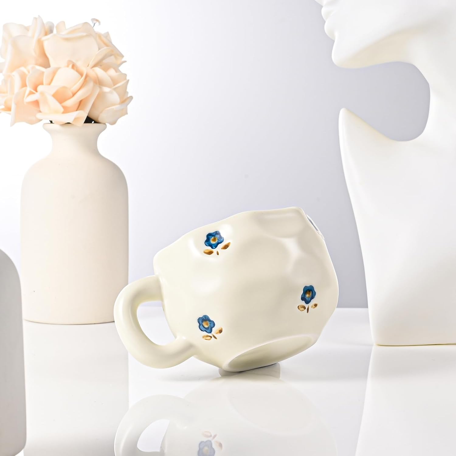 Ceramic Coffee Mug Vintage Flower Mugs 8 oz Cute Floral Coffee Mugs Irregular Latte Art Cup Lead-free Porcelain Cups for Cappuccino, Cocoa (Blue and Pink Mug with Saucers)