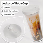 Reusable Boba Cup with Resealable Lid Plug - 17 Oz Double Wall Insulated | Smoothie Tumbler | Wide Stainless Steel Straw For Bubble Tea, Boba Pearls - White