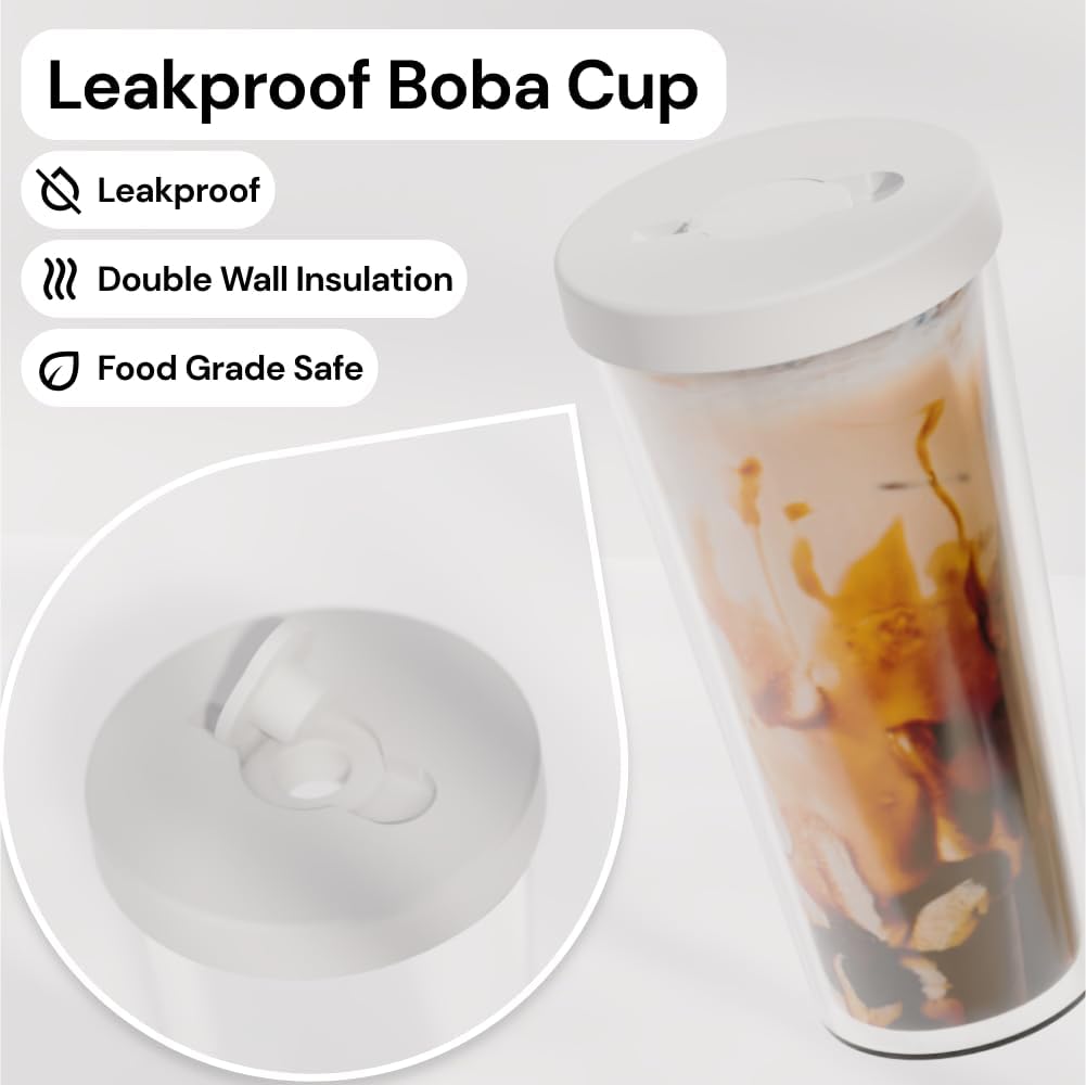 Reusable Boba Cup with Resealable Lid Plug - 17 Oz Double Wall Insulated | Smoothie Tumbler | Wide Stainless Steel Straw For Bubble Tea, Boba Pearls - White
