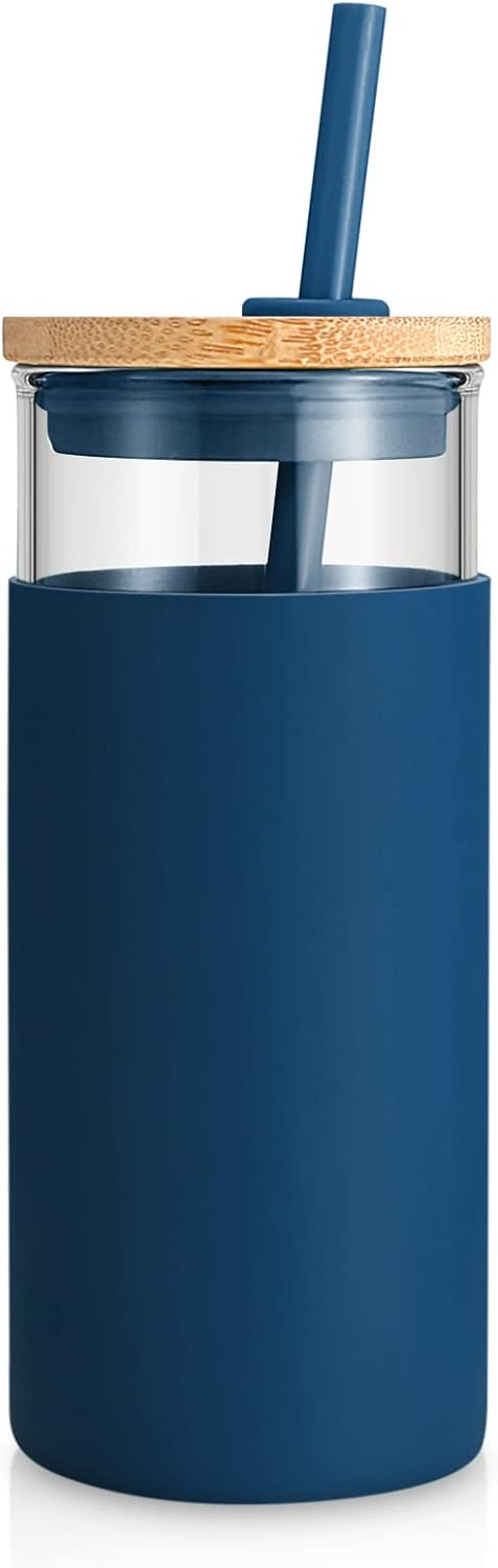 Tronco 20 oz Glass Tumbler with Lid and Straw, Reusable Iced Coffee Cup with Silicone Sleeve & Bamboo Lid, Smoothie Cup for Home, Office, for Father Men Day Gift from Wife Daughter Son (Blue Horizon)