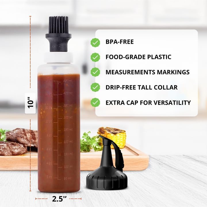 Silicone Basting Brush & BBQ Sauce Bottle - 16 oz Basting Bottle Dispenser for Grilling - Perfect Grill Brush for Marinades