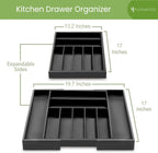 Purawood Bamboo Drawer Organizer - Expandable Silverware Organizer & Utensil Organizer, Cutlery Tray with Dividers, 7-9 Slots - Premium Kitchen Drawer Organizer for Utensils & Flatware (Black)