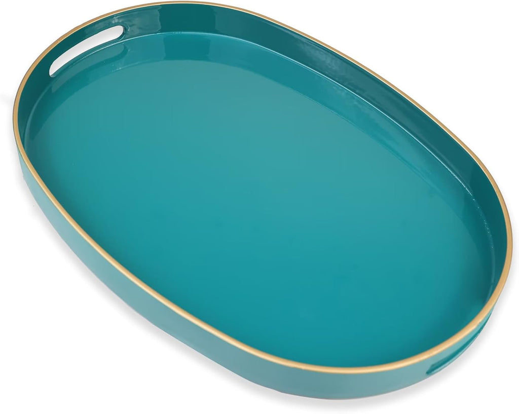 Green Oval Decorative Tray with Handles, Versatile Serving Tray for Coffee Table, Ottoman, Ideal for Serving, Displaying, Organizing