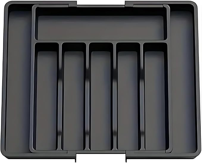 Silverware Drawer Organizer, Expandable Utensil Tray Adjustable from 13-22.4" Wide, BPA-Free Plastic Cutlery Holder with 8 Compartments, Black