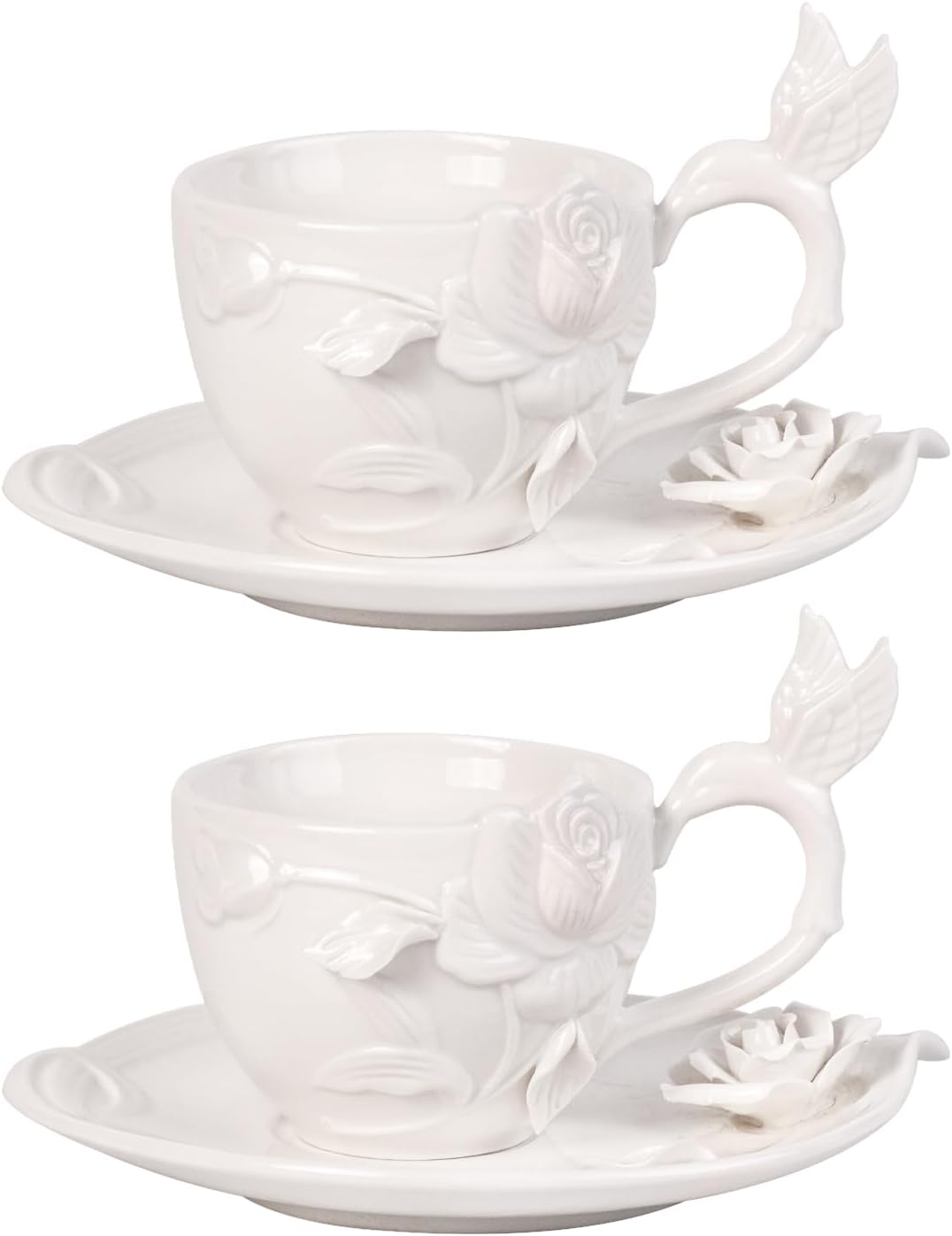 KAMMAK Tea Cups and Saucers Set of 2, Porcelain Coffee Cups, 8.5-Ounce Stackable Espresso Mugs, Ceramic Demitasse for Coffee, Latte, Americano, Tea, Cubic Rose