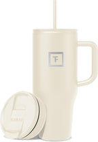 IRON °FLASK Co-Pilot Insulated Mug w/Straw & Flip Cap Lids - Cup Holder Bottle for Hot, Cold Drink - Leak-Proof - Water, Coffee Portable Travel Mug - Cashmere Cream, 32 Oz