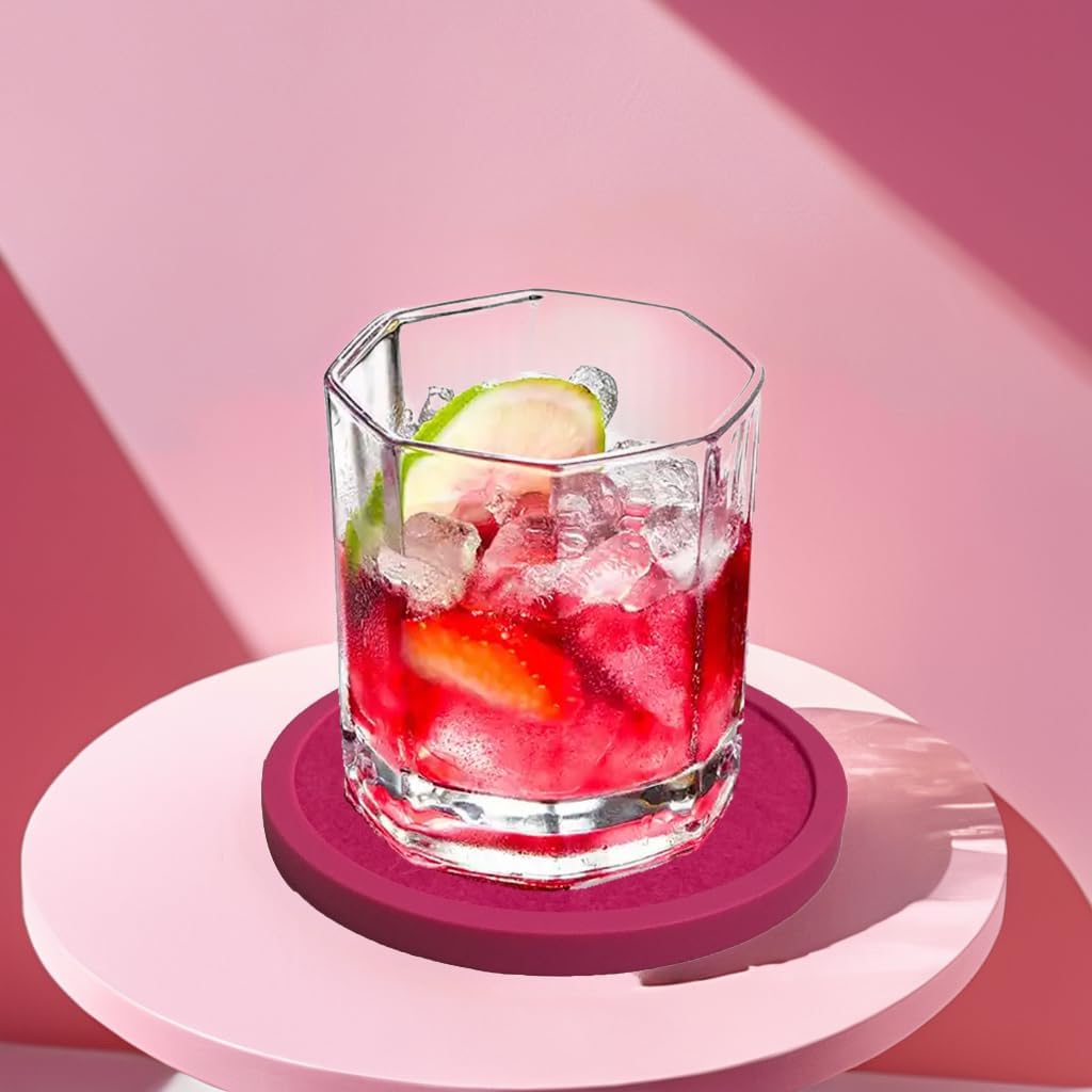 Absorbent Coasters for Drinks with Holder - 6packs, Silicone Coaster with Soft Felt Insert (4.3 inch Coasters with 4.5 inch Holder, Pink)