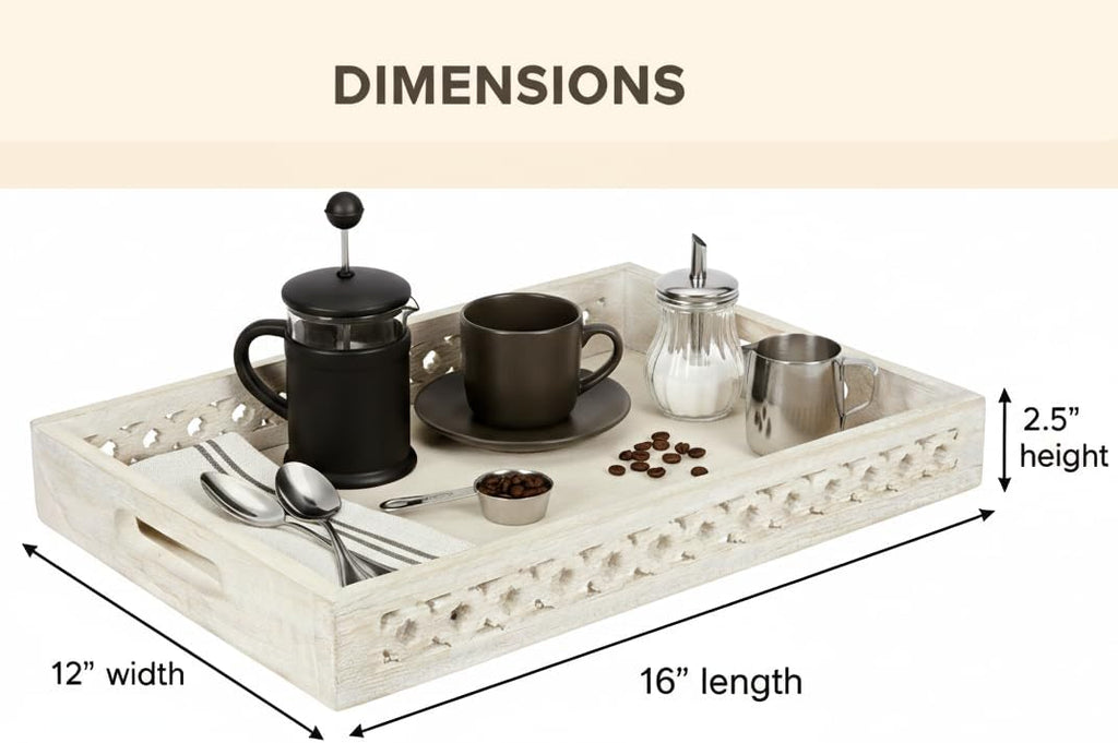 Mela Artisans Whitewash Wooden Decorative Tray with Handles | 16x12x2.5 Mango Wood Ottoman Tray | for Kitchen Countertop | Coffee Table | Snacks | Desserts | Breads | Bedroom Decor