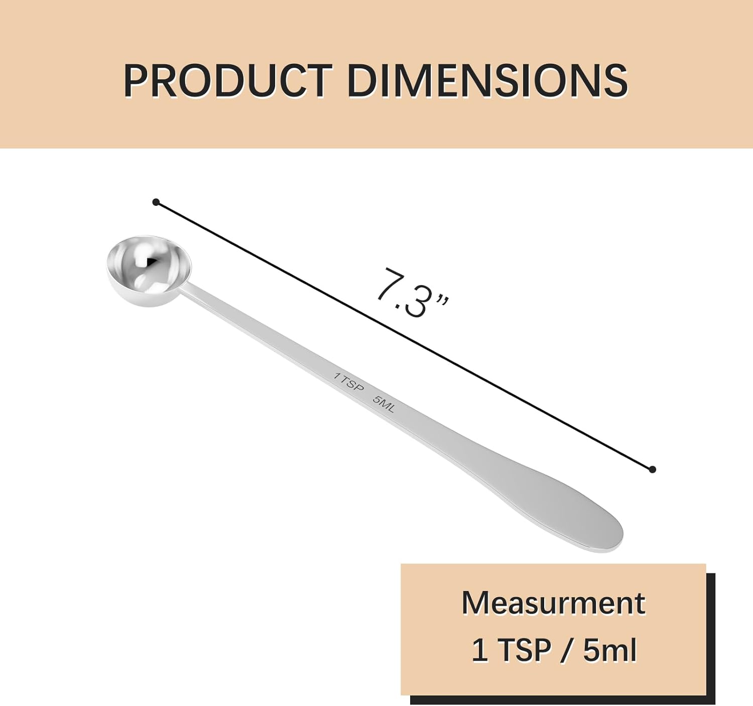 2PCS 1 Teaspoon(1tsp, 1/3tbsp, 5 ml) Single Measuring Spoon, Extra-long Handle Individual Measure Scoop, Stainless Steel Spoons Only