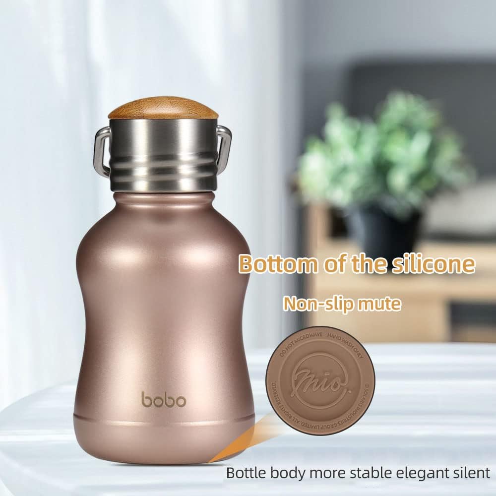 YOHKOH Mini Vacuum Insulated Water Bottle With Bamboo Lid - Stainless Steel Thermos Water Bottle for Women Girls Kids, Metal Sports Hot and Cold Water Bottle Leak-Proof BPA-Free (6.4oz,Gold)