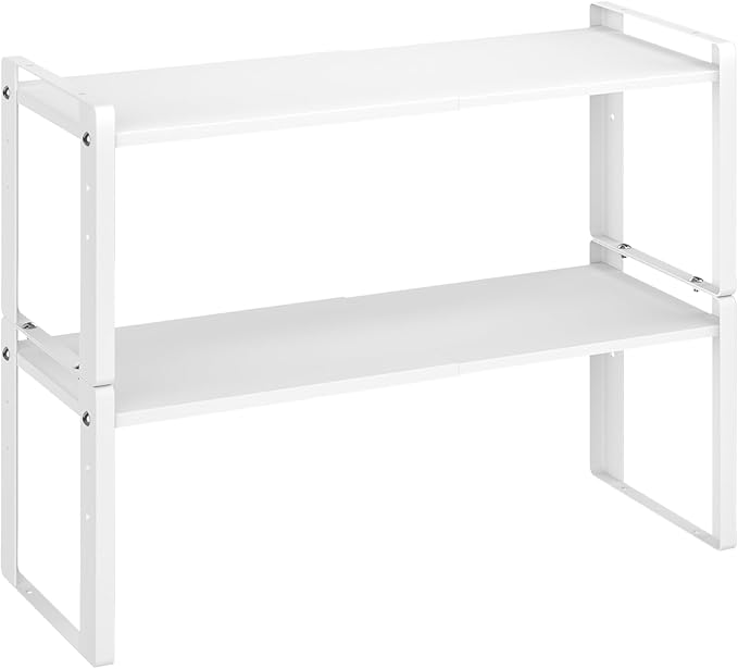 2 Pack Expandable Cabinet Organizer Shelves, 88lbs High Weight Capacity, Stackable Heavy-Duty Metal Storage Rack, Adjustable Cabinet Shelf for Kitchen, Pantry, Cupboard, Under Sink, White