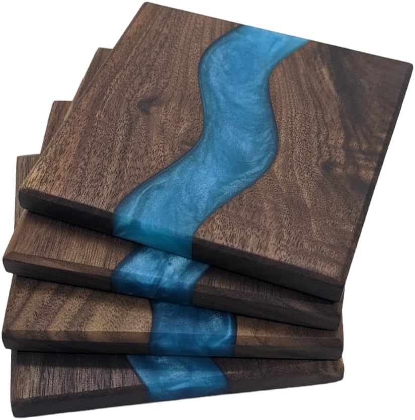 Generic Wood Coaster Set for Drinks | Handmade with Dark Walnut & Natural Wood Sealant Finish for Water Resistance, Easy Cleaning & No Stains | Epoxy Resin River (4 Pieces) (Blue)