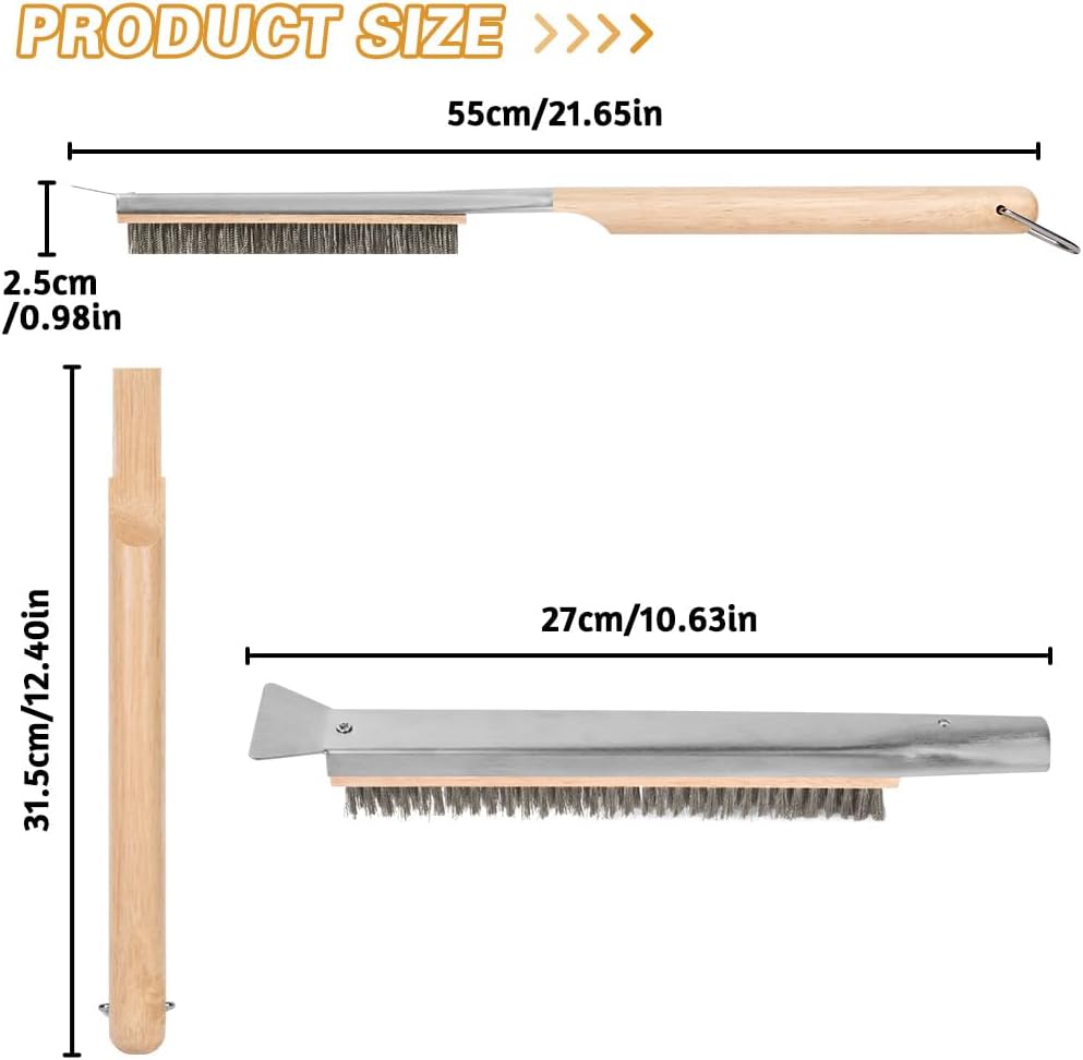 Pizza Oven Brush, 21" Brush and Stainless Steel Scraper for Pizza Stone, BBQ Grill Cleaning Brush Non Scratch Heat Proof Stainless Steel Bristles with Screwdriver for Pizza Oven and Accessories