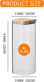 Glass Jars with Bamboo Lids 3 Pack, 61 Oz Airtight Square Storage Container, Clear Kitchen Canisters for Soild food, Nuts/Cookies/Sugar/Pasta