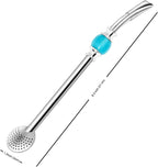 Reusable Bombilla Yerba Mate Straw - Stainless Steel Removable Spoon Style Filter with a Beautiful Bead - Metal Straw for Drinking Loose Leaf Tea - Includes Cleaning Brush(Blue)