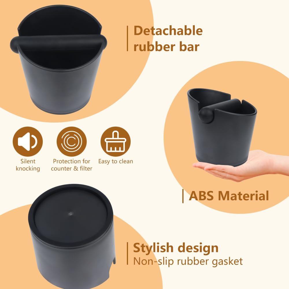 Espresso Knock Box 4.8 Inch Coffee Dump Bin For Coffee Grounds,Coffee Waste Bin with Removable Knock Bar and Non-Slip Base,Shock-Absorbent,Black