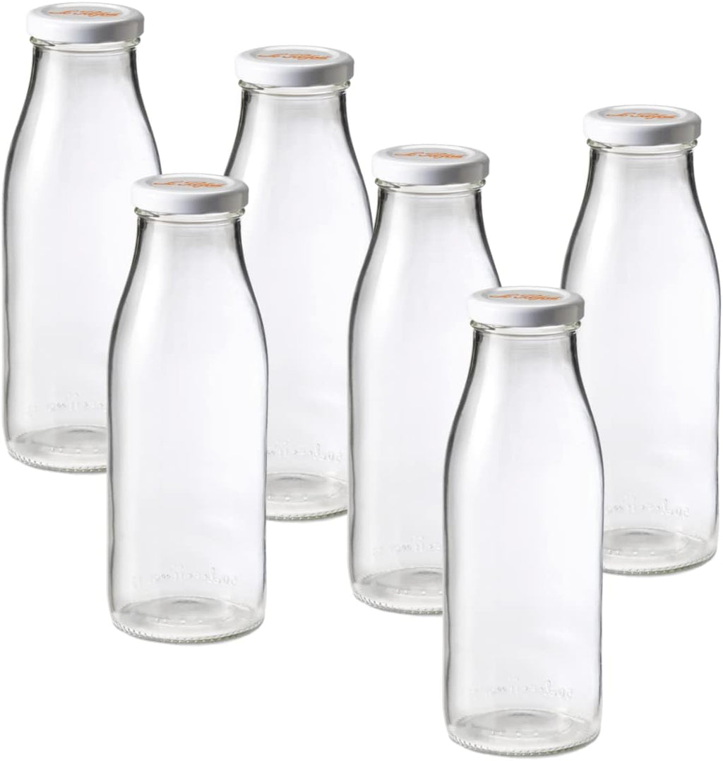 Le Parfait Bottles French Glass Milk Bottle with 48mm Printed Logo Airtight Metal Twist Cap | Used for Smoothie, Water Bottle, Preserved Tomato Sauce & other Soups | 16oz (Pack of 6) 500ml