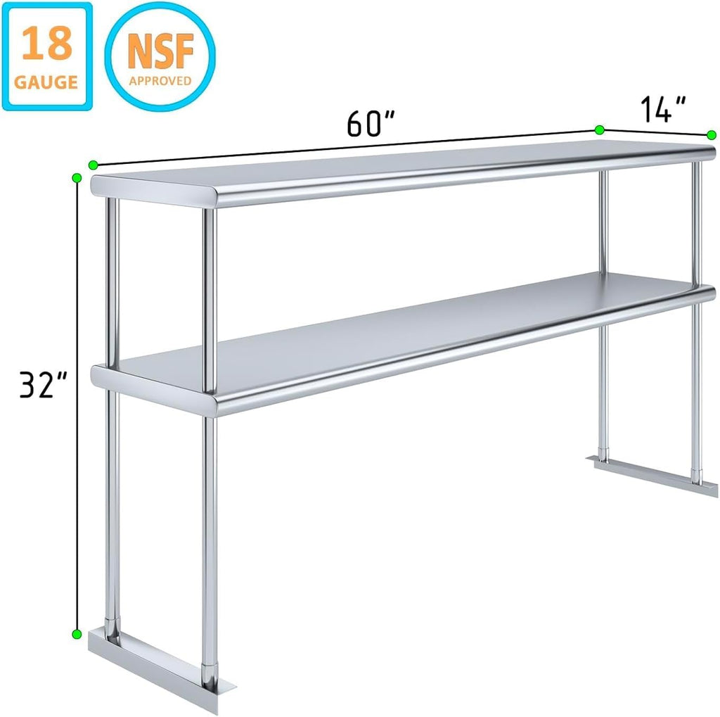 NSF Certified 18 Gauge Heavy Duty Stainless Steel Double overshelf with Brackets for Kitchens, Utility Rooms, Storage, Offices & Home