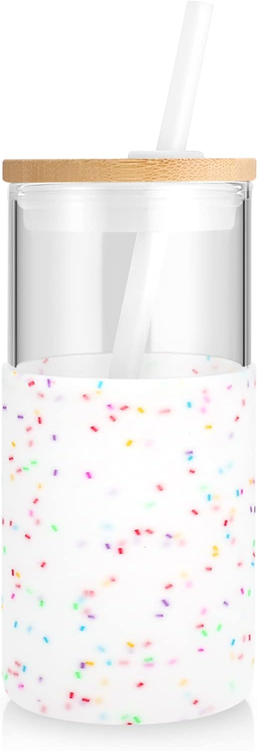 Tronco 16 oz Glass Tumbler with Straw and Bamboo Lid, Iced Coffee Cup Reusable, Smoothie Cups, Tumbler with Silicone Protective Sleeve - BPA Free