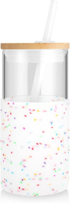 Tronco 16 oz Glass Tumbler with Straw and Bamboo Lid, Iced Coffee Cup Reusable, Smoothie Cups, Tumbler with Silicone Protective Sleeve - BPA Free