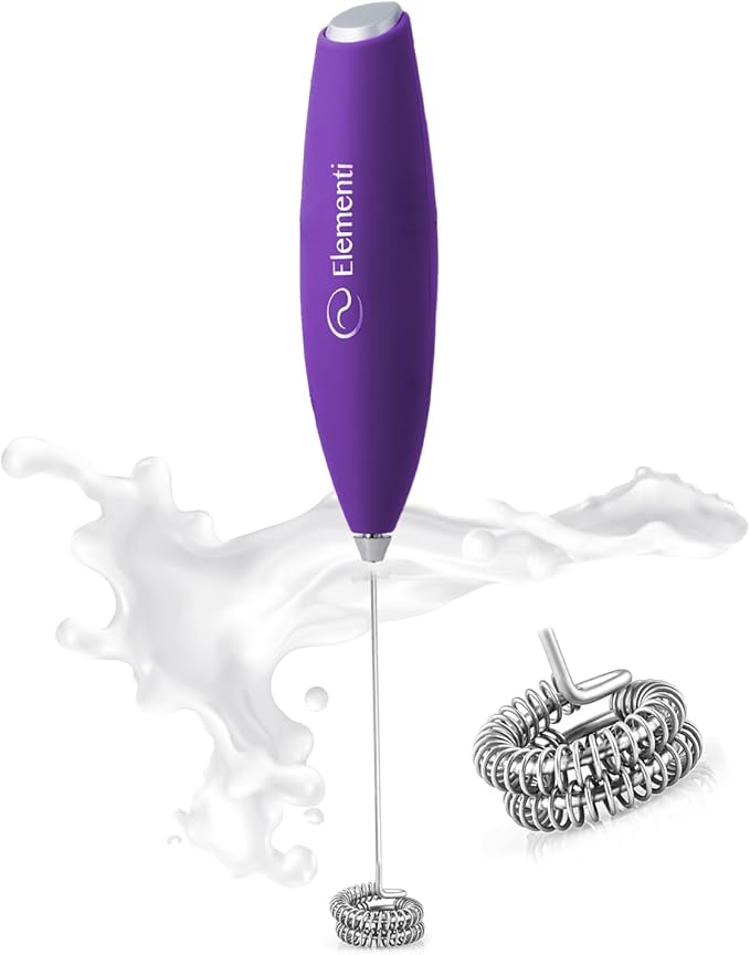 Elementi Milk Frother Wand with Double Whisk - Coffee Frother Electric Stirrer - Matcha Whisk & Drink Mixer Handheld - Hand Held Electric for Coffee (Purple)