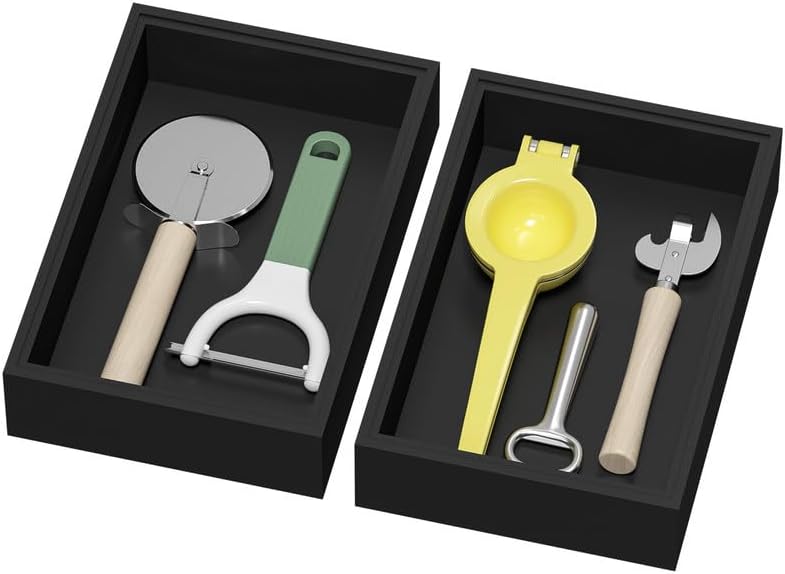 Bamboo Drawer Organizer, Cutlery Silverware Organizer for Kitchen Drawer, Stackable Utensil Organizer, 2 Pcs Flatware Organizer, Wooden Storage Box Tray (Black, 9 X 6 X 2 Inch)