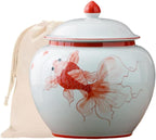 5 inches Ginger jar Lid - red fish decorative Ceramic Ginger jar vase with Lid， chinoiserie gift koi decor small jars for Home decor/jewelry/Tea/coffee beans/Storage