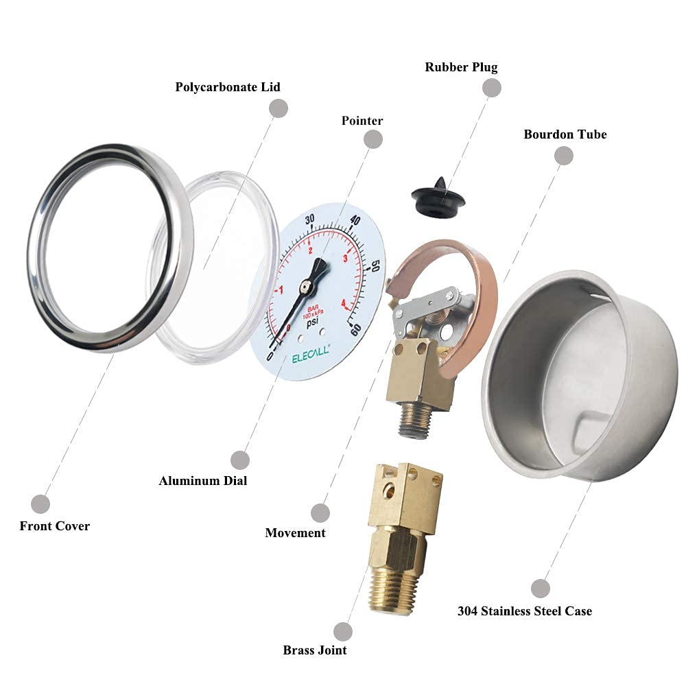 ELECALL 2-1/2" Glycerin Liquid Filled Air Pressure Gauge, 0-60Psi, 1/4”NPT Lower Mount, Stainless Steel Case, Brass Internals, Water Pressure Gauge