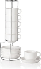 Sweejar Ceramic Espresso Cups Set of 6, Espresso Cup Stackable, 4 Oz Stackable Cappuccino Cups with Saucers and Metal Stand for Coffee Drinks, Americano, Latte, Tea (White)