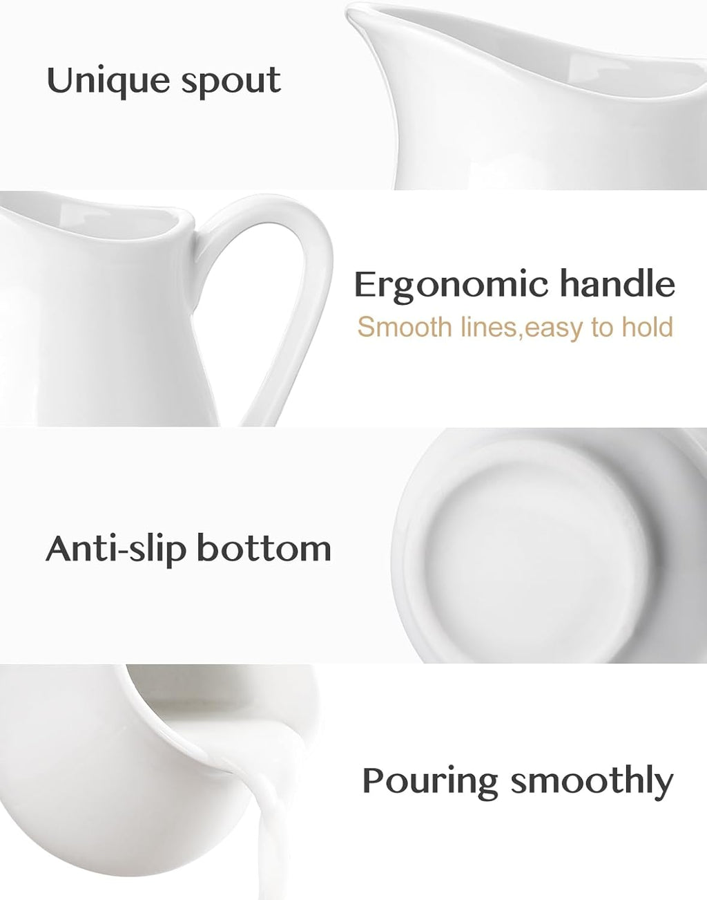 Nucookery Ceramic 4 Oz Creamer Pitcher Set, 2 Pack Creamer Container, White Small Milk Pitcher Container Cups with Handle For Sauces Salad Coffee Milk, Microwave & Freezer Safe, Set of 2