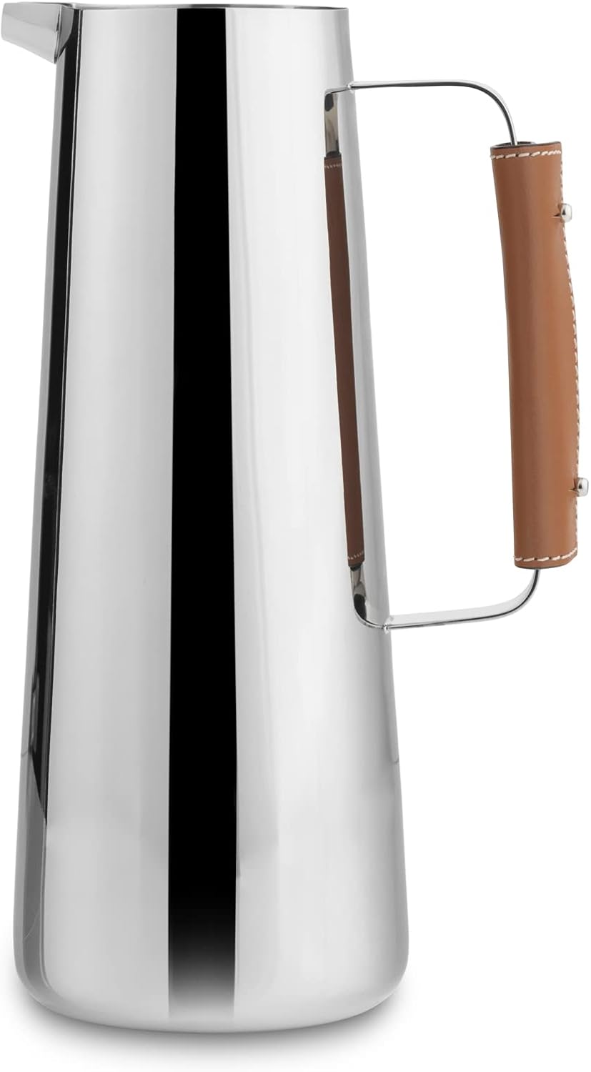 nambe Tahoe Water Pitcher | Stainless Steel Pitcher with Leather-wrapped Handle | Hot & Cold-Water Pitcher for Homemade Beverages, Juice, Iced Tea and Milk | 11 Inch
